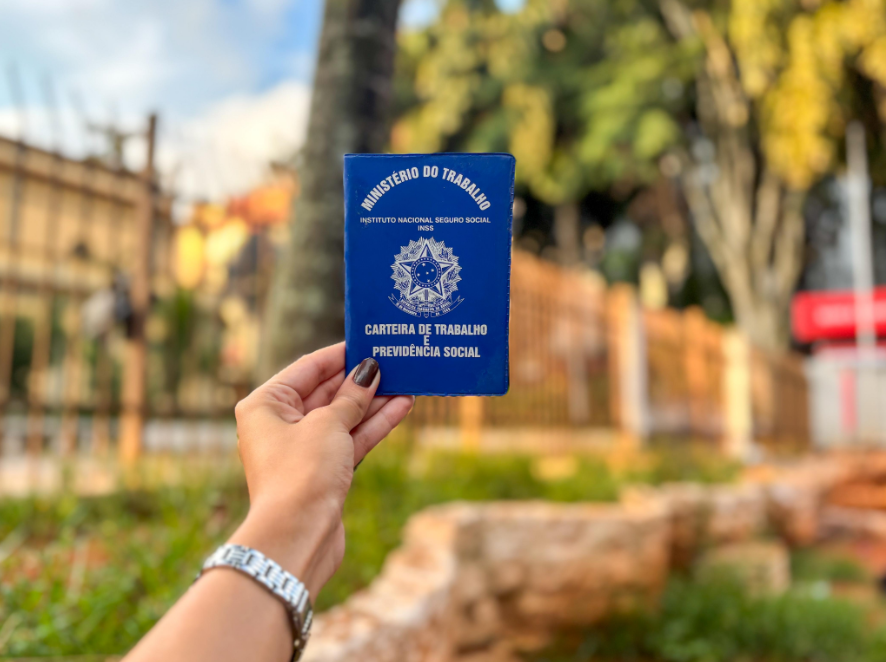 Mão segurando uma carteira de trabalho com um fundo desfocado de uma igreja e árvores