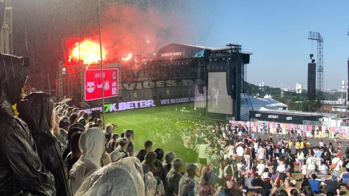 Na esquerda há uma foto de um jogo de futebol, com torcedores na arquibancada direcionados para os jogadores em campo. À direita há uma foto do público em um show do festival Lollapalooza. As fotos se mesclam.