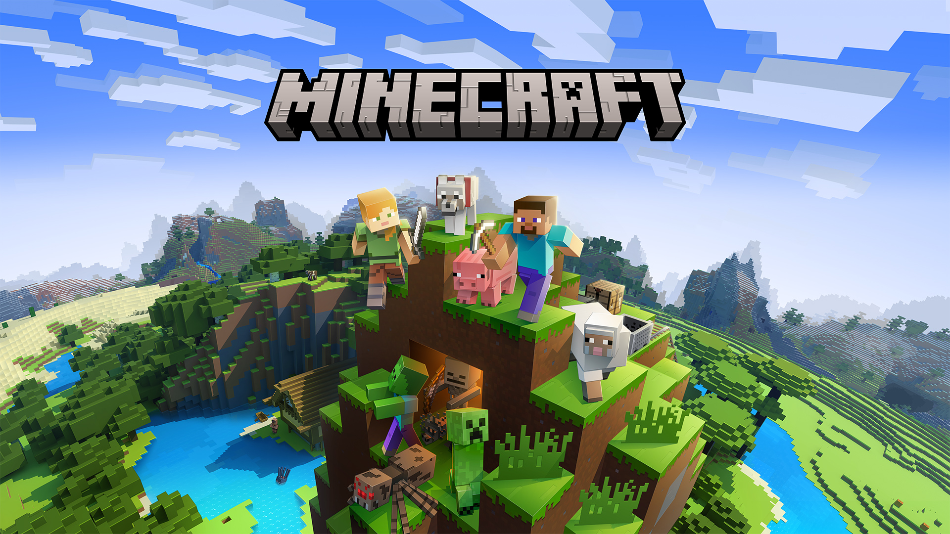 Imagem promocional do fenômeno dos videogames Minecraft. No centro, o título do jogo aparece em letras grandes com estilo pixelado. Abaixo, personagens em blocos estão sobre uma colina: um homem com camisa azul e uma mulher com cabelo laranja seguram ferramentas, acompanhados por um cachorro, um porco e uma ovelha. Ao redor, há criaturas como um zumbi, um esqueleto, uma aranha e um creeper. O cenário mostra um mundo formado por blocos, com montanhas, árvores, rios e uma pequena construção ao fundo, sob um céu azul com nuvens quadradas.