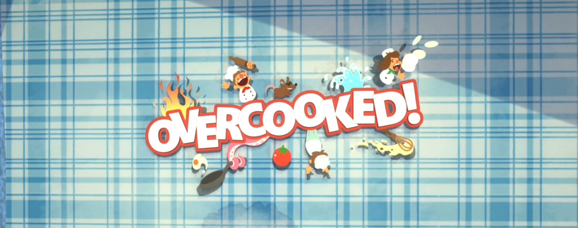 Tela de título do jogo da série de videogames Overcooked desenvolvido pela Ghost Town Games e publicado pela Team17 Digital Ltd. - Print da tela tirada durante gameplay de Álvaro Estrella, que tem uma cópia comprada do game.
